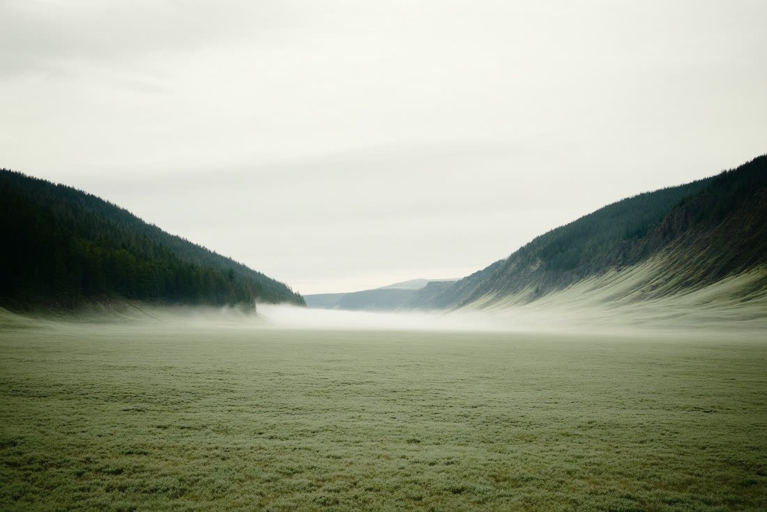 A broad valley floor opening between two wooded ridges, mist resting in the middle distance