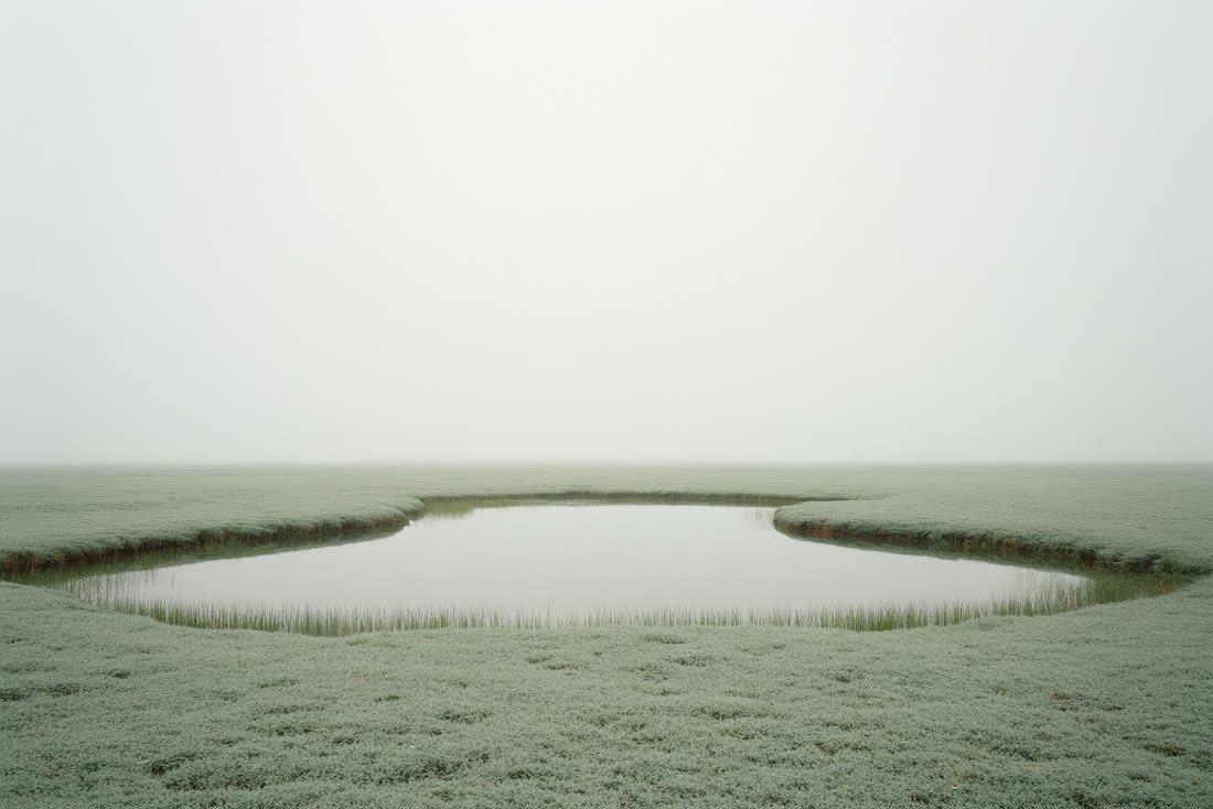 A still shallow pool in a meadow reflecting a pale empty sky